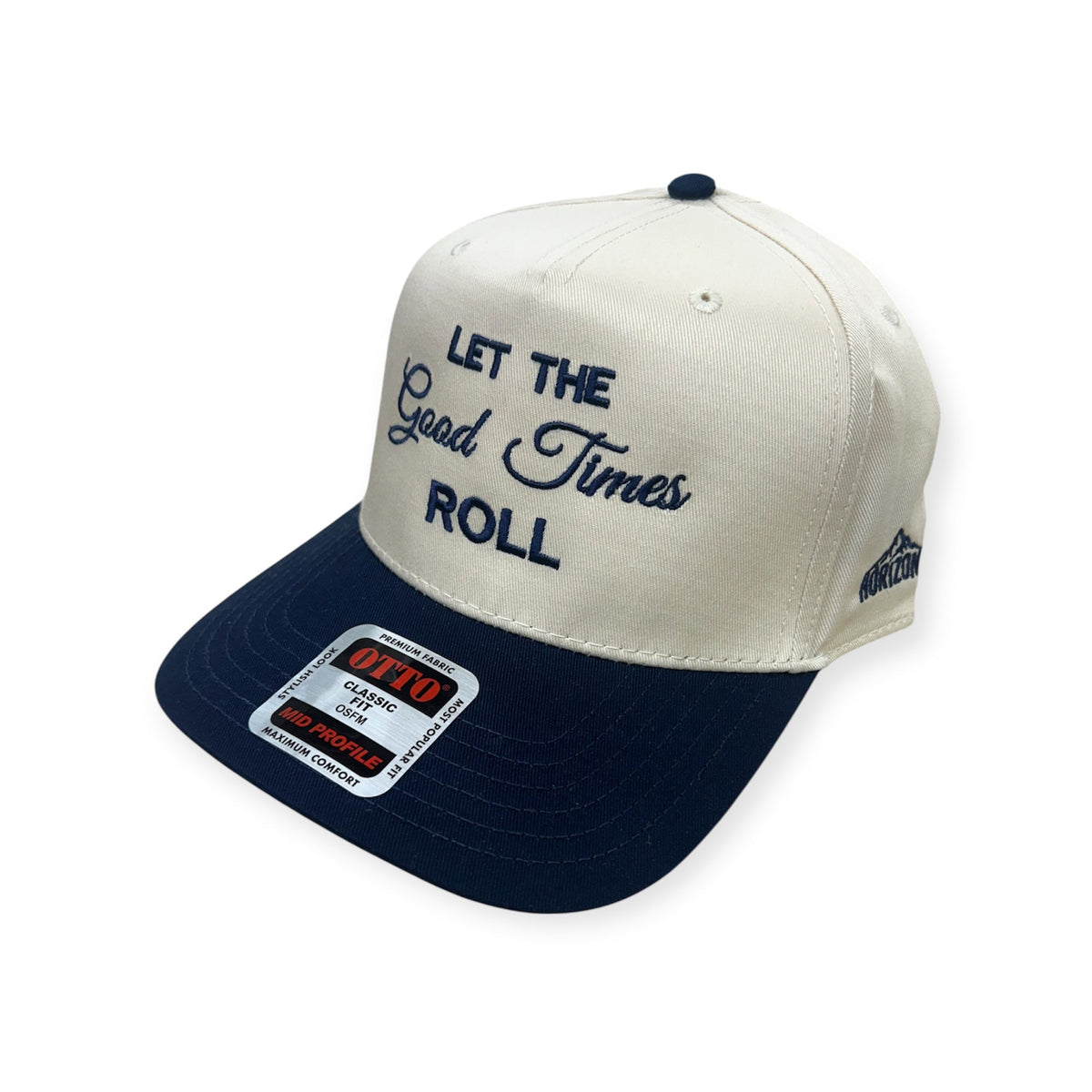 Angled view of Let the Good Times Roll embroidered cap by Horizon Hat Co. in natural/navy showing the bill and side panels