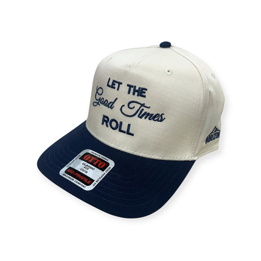Angled view of Let the Good Times Roll embroidered cap by Horizon Hat Co. in natural/navy showing the bill and side panels
