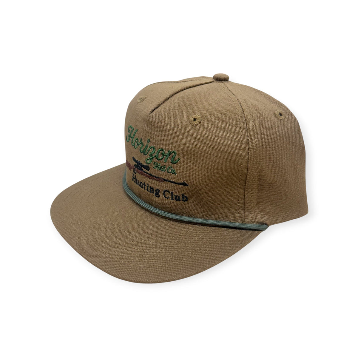 Angled view of Horizon Hunting Club embroidered cap by Horizon Hat Co. in bacco showing the rope detail and side profile