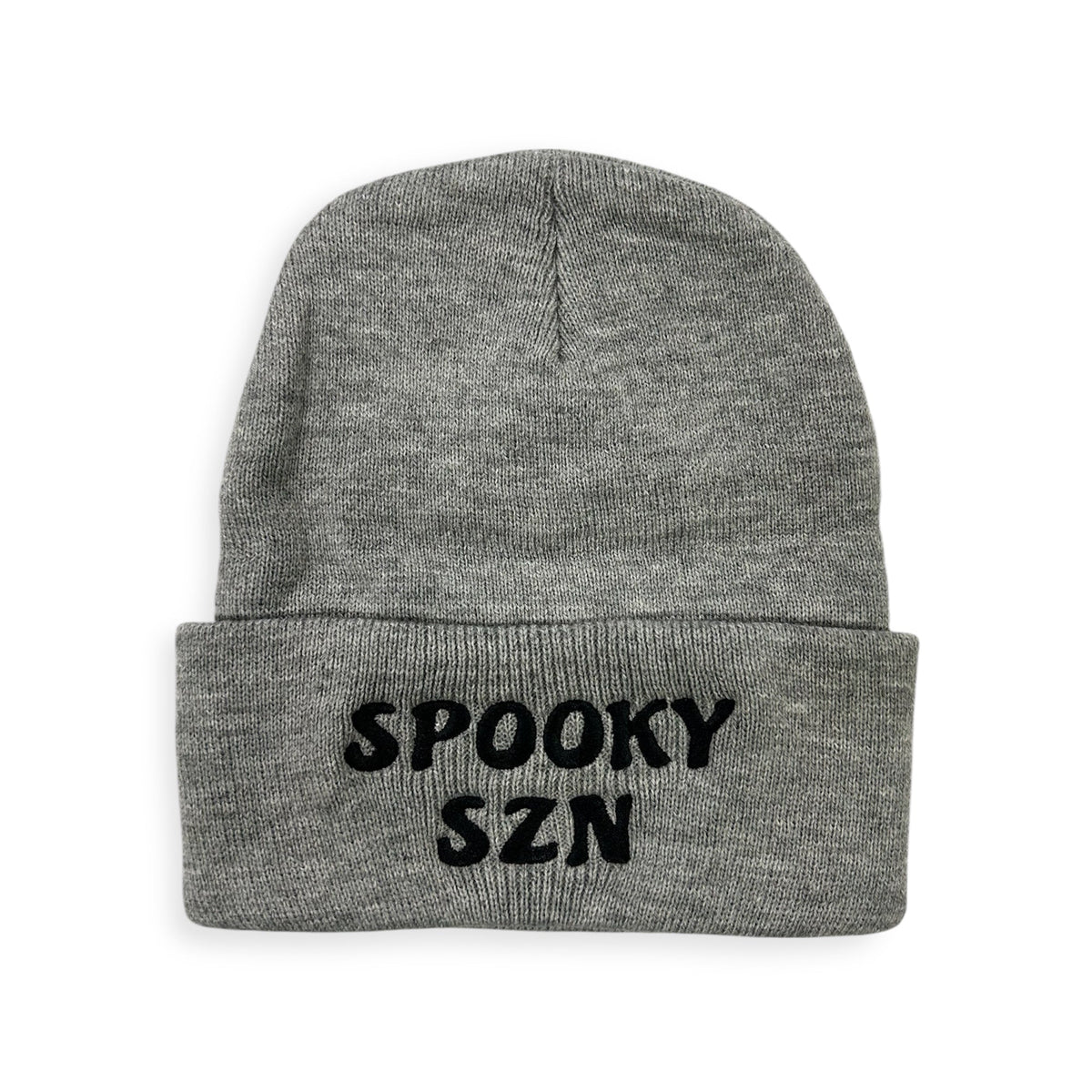 Spooky Szn knit beanie by Horizon Hat Co. in gray/black cuffed showing the stitched lettering