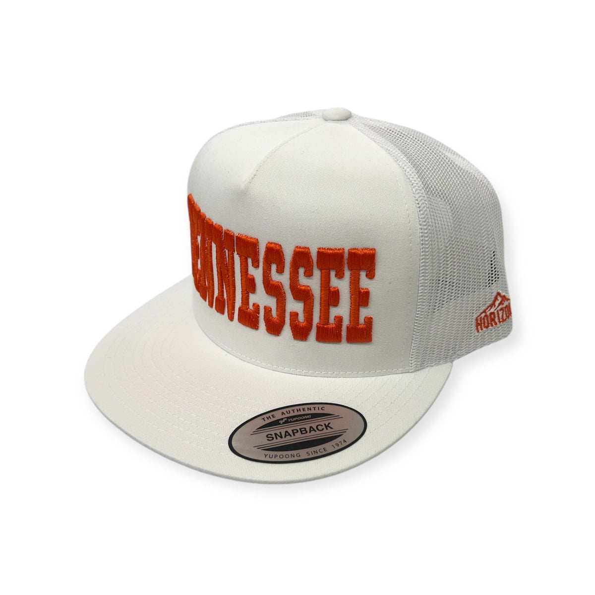 Angled view of TENNESSEE Vintage embroidered cap by Horizon Hat Co. in white/orange lettering showing the bill and side panels