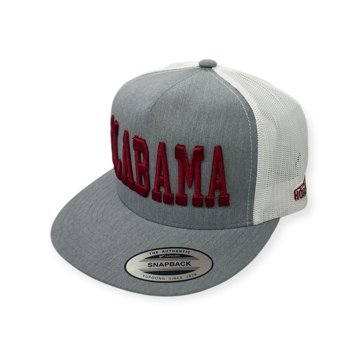 Angled view of ALABAMA embroidered cap by Horizon Hat Co. in heather gray/white showing the bill and side panels