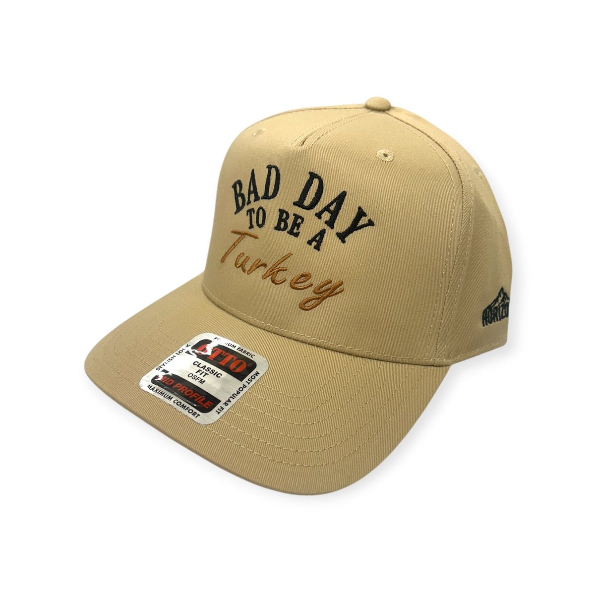 Angled view of Bad Day to Be a Turkey embroidered cap by Horizon Hat Co. in khaki showing the bill and side panels