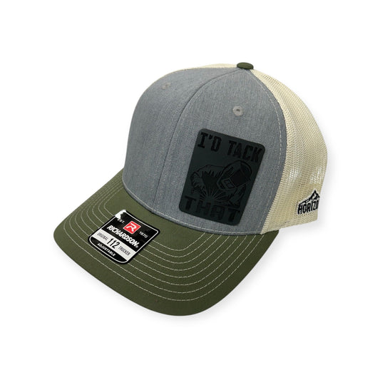 Angled view of I'd Tack That patch hat by Horizon Hat Co. in heather grey/birch/army olive showing the curved bill and side panels