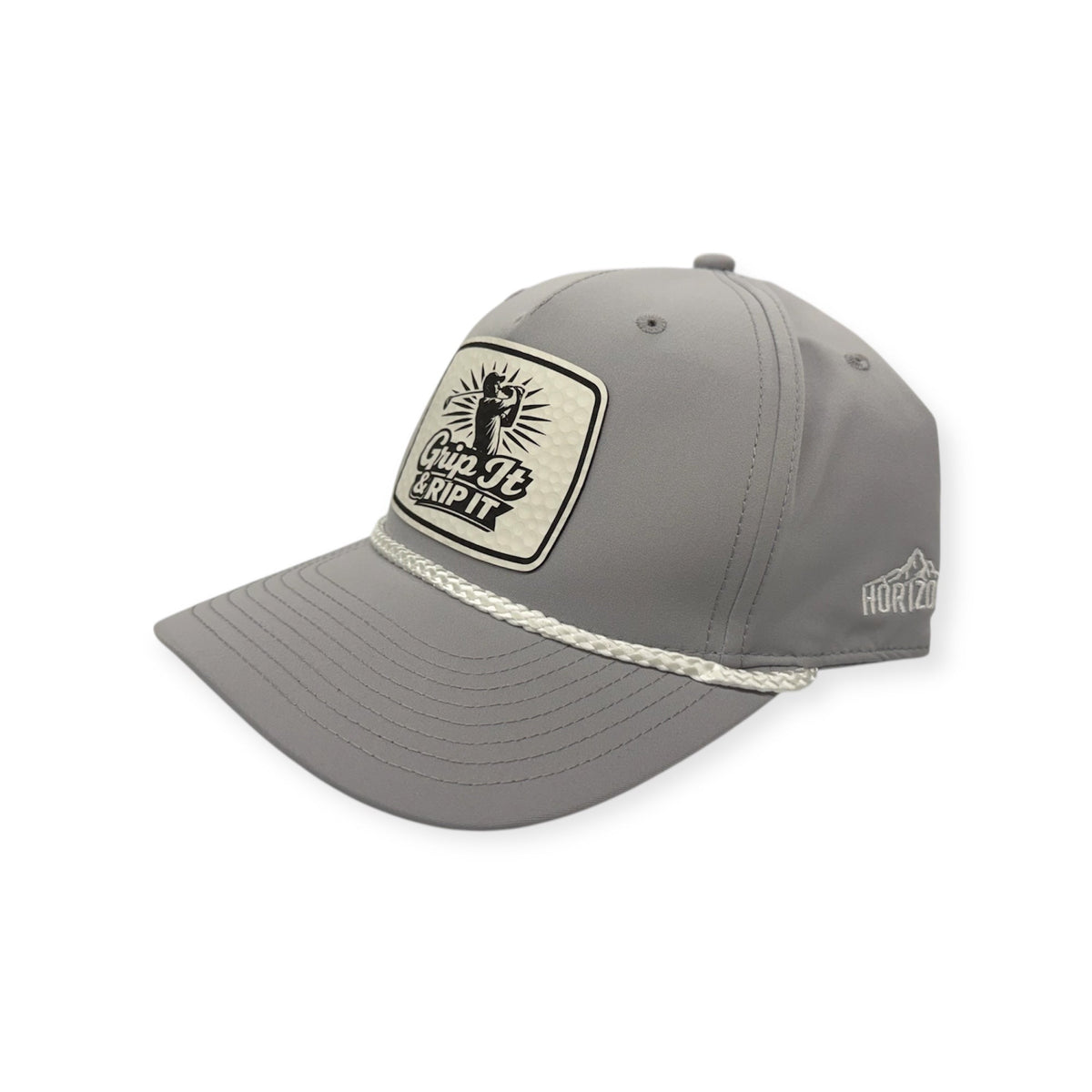 Angled view of Grip It & Rip It patch hat by Horizon Hat Co. in light gray/white showing the rope detail and curved bill