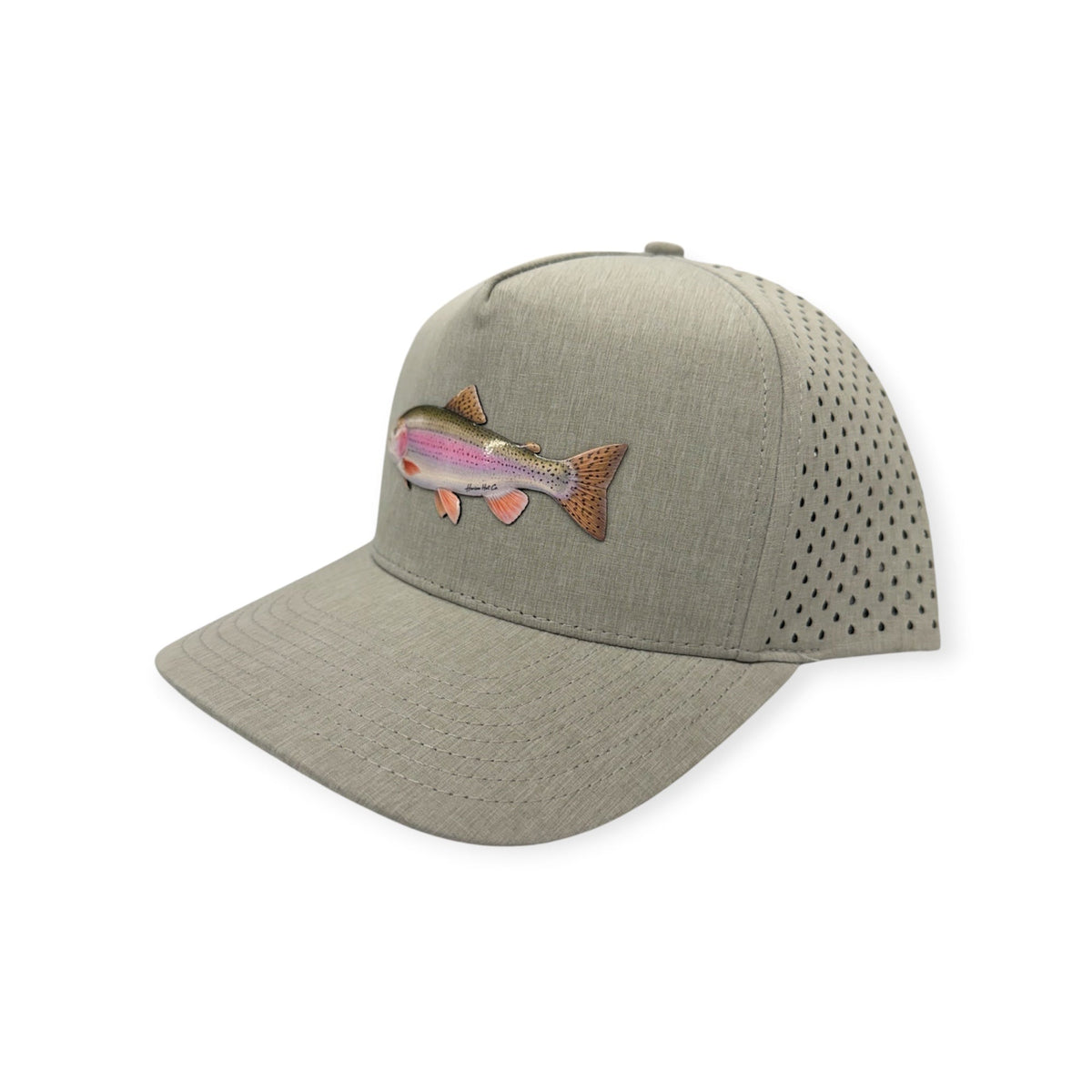 Angled view of Rainbow Trout patch hat by Horizon Hat Co. in heather gray showing the perforated side panels