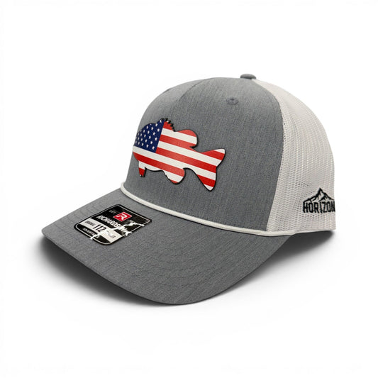 Angled view of the gray and white Freedom Bass cap showing the mesh back