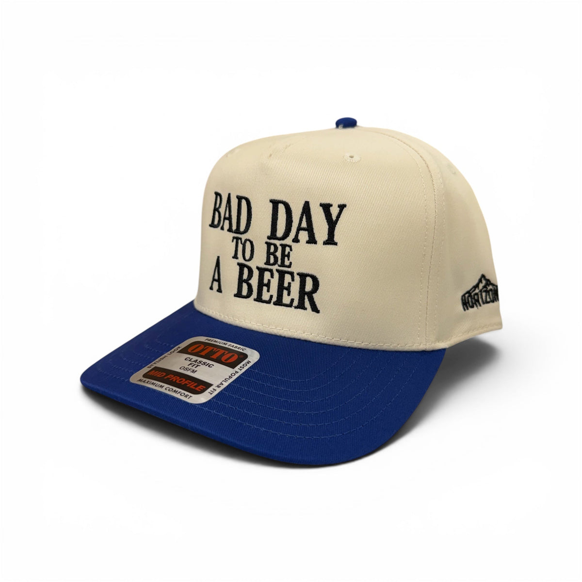 Angled view of the blue-bill embroidered beer-themed cap