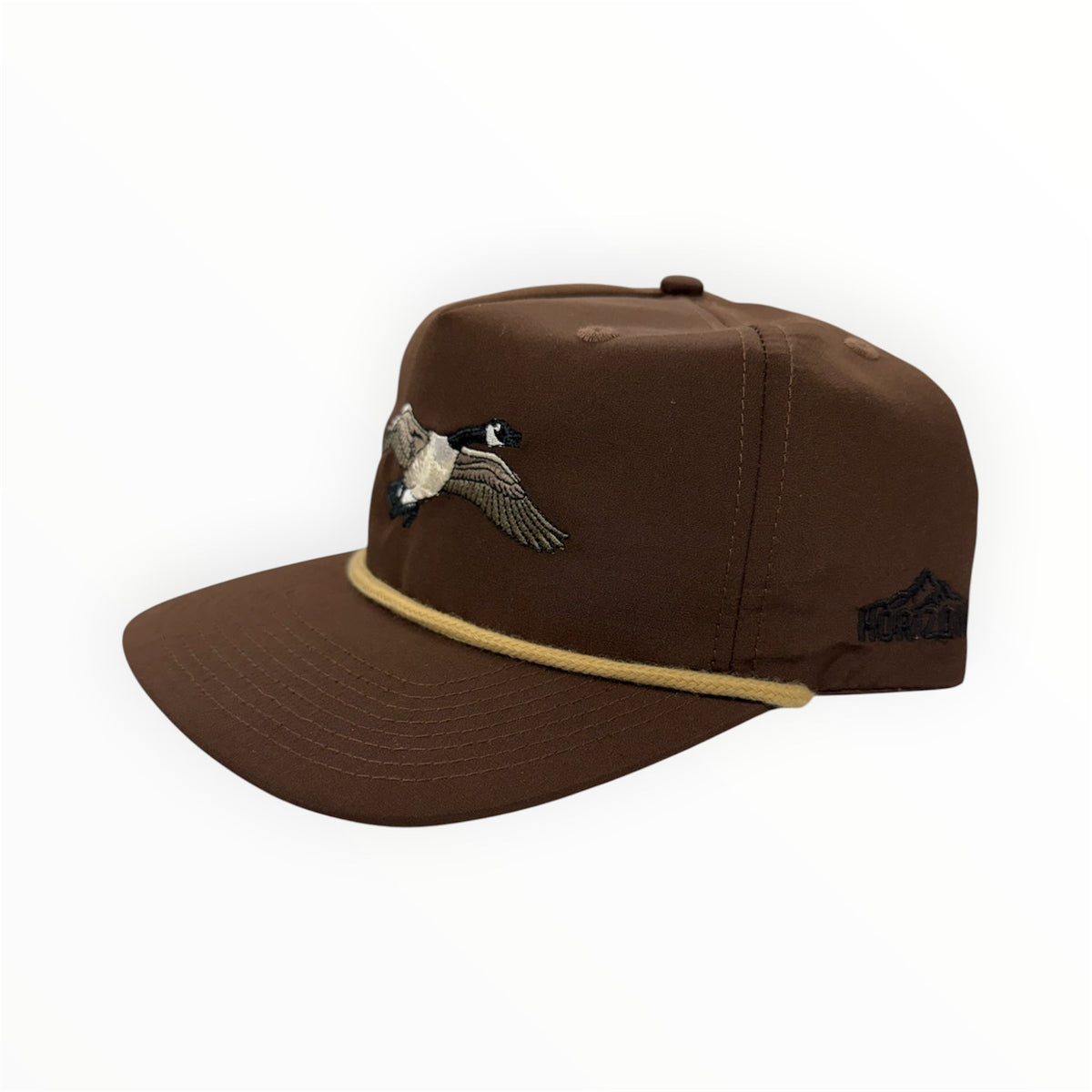 Angled view of Canada Goose embroidered cap by Horizon Hat Co. in chocolate showing the rope detail and side profile