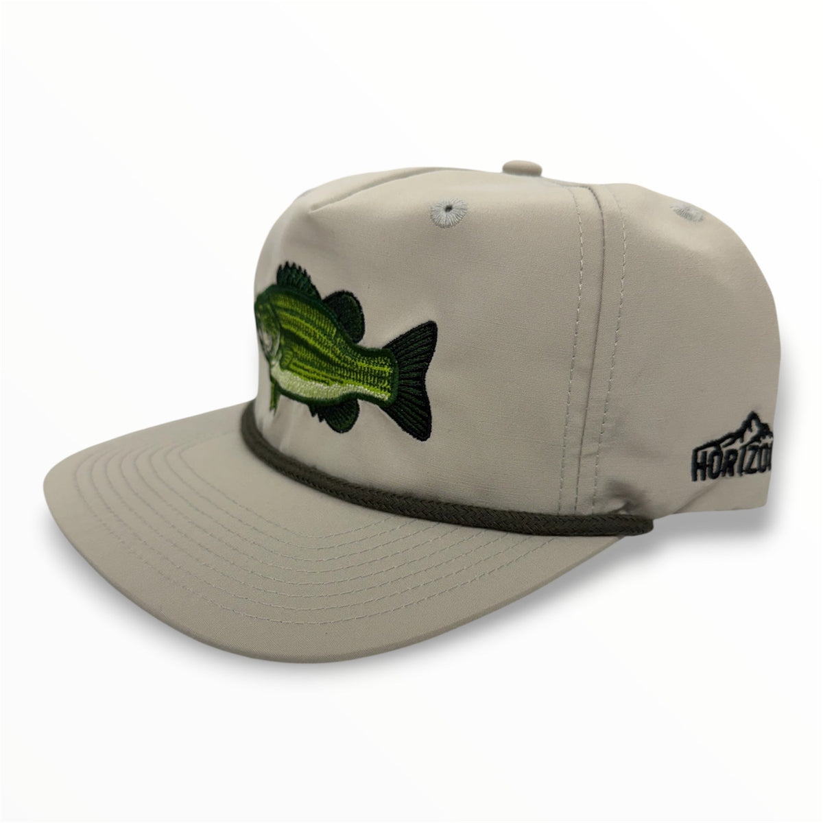 Angled view of Largemouth Bass embroidered cap by Horizon Hat Co. in ash showing the rope detail and side profile