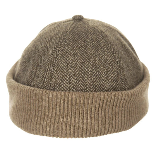 Scala Koitz wool blend beanie in Brown showing the herringbone weave and folded cuff