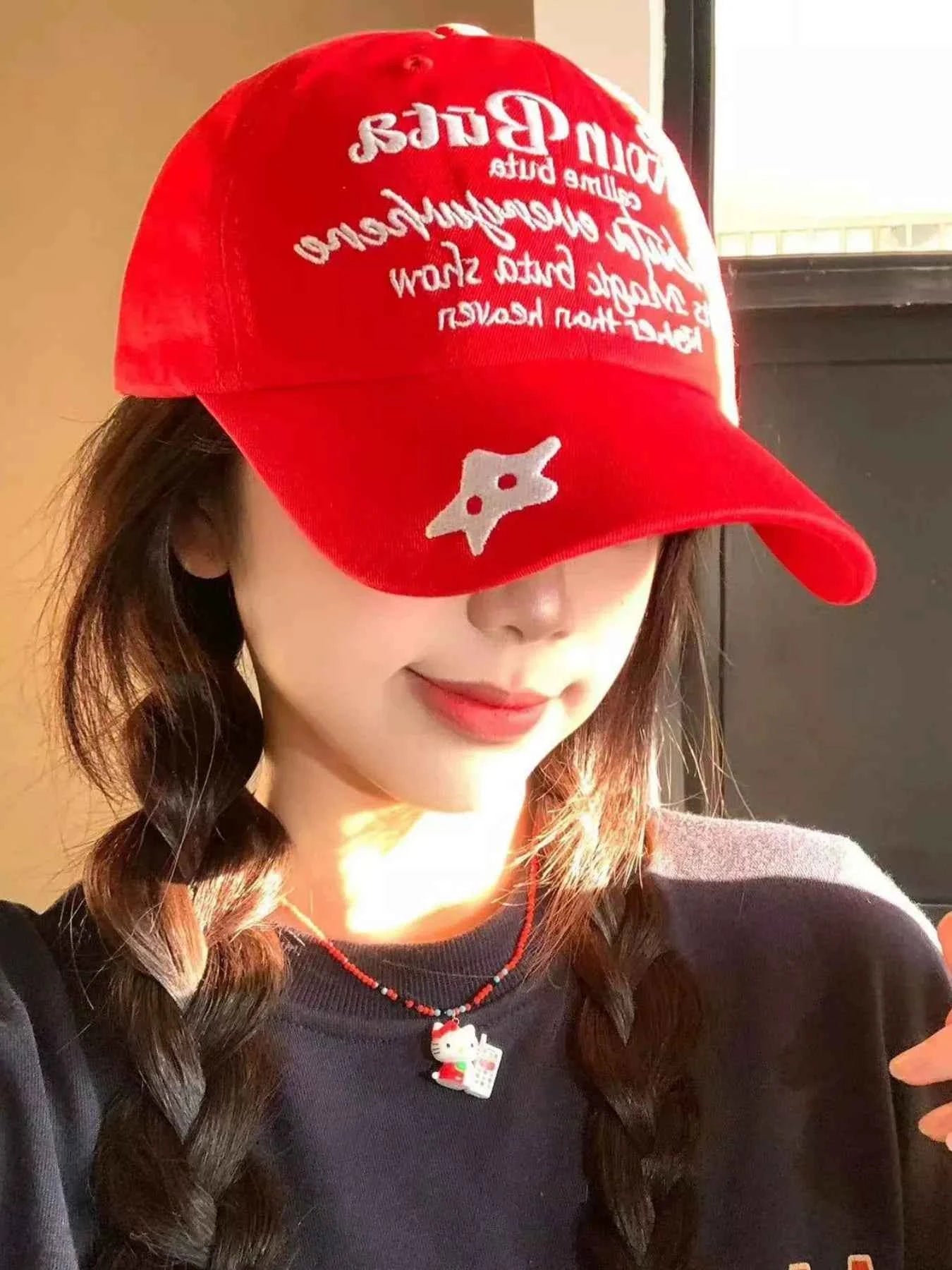 Red Embroidered Letter Cotton Baseball Cap