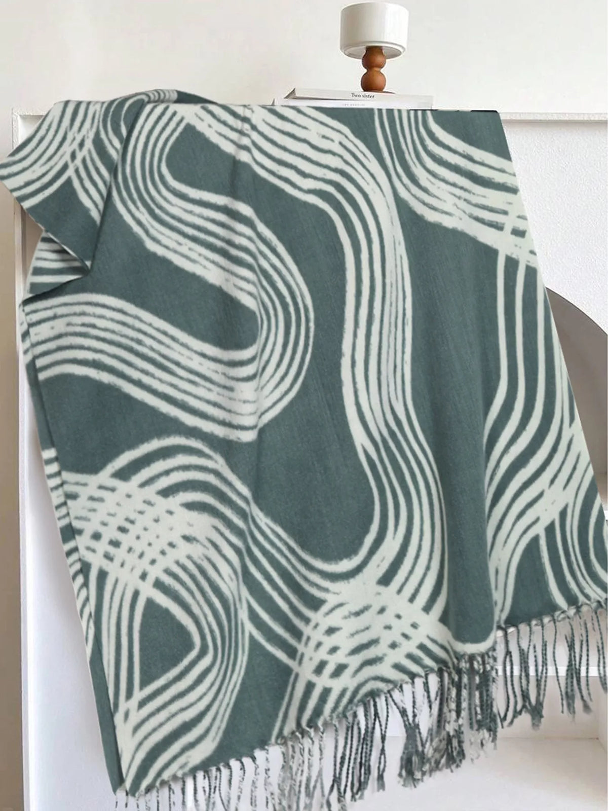 Unisex Geometric Patterned Fringe Scarf — green scarf with pale repeating curved motifs