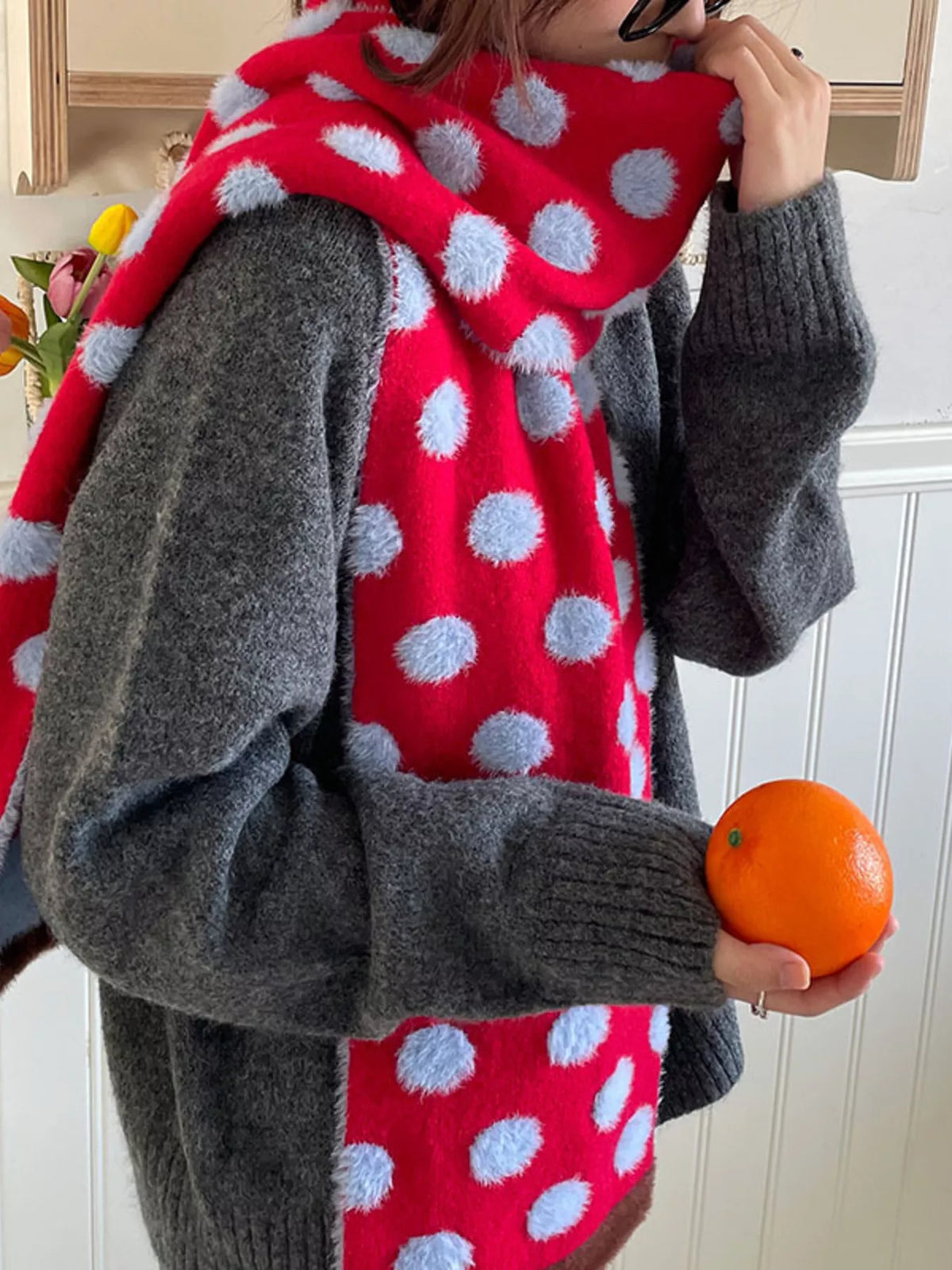 Unisex Blue Polka Dot Scarf — closer outfit view of the oversized polka dot pattern