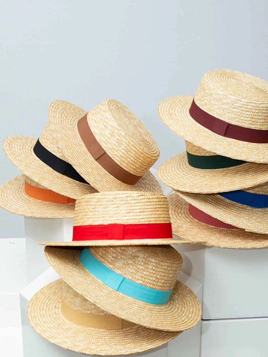Colorful Straw Boater Hat with Ribbon
