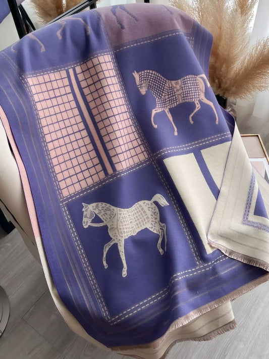 Women's Equestrian Print Warm Scarf in Lavender - styled detail 2