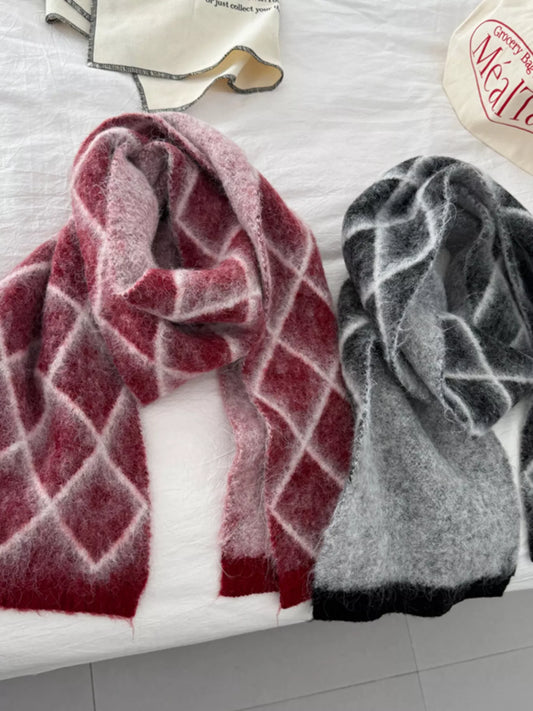 Unisex Diamond Grid Fuzzy Scarf — red diamond grid scarf loosely tied