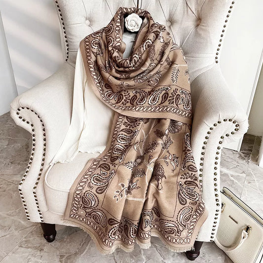 Unisex Everyday Printed Raw Hem Scarf in Brown - styled detail 2