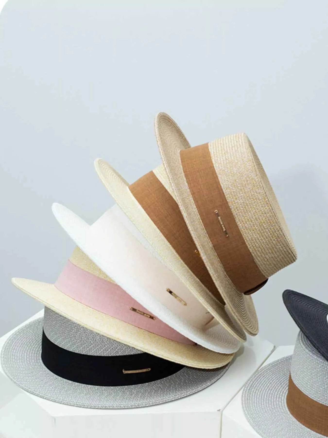 Classic Neutral Straw Boater Hat with Ribbon