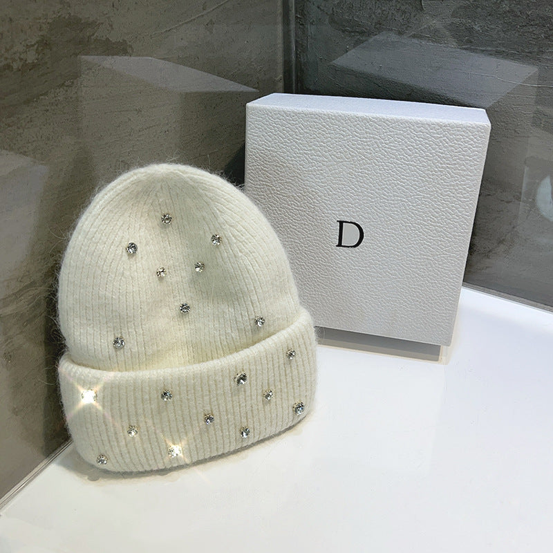 Women's Rhinestone Studded Knit Autumn-Winter Beanie — white beanie with rhinestone detail and folded cuff