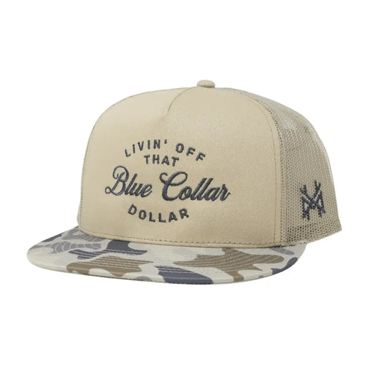 The Mad Hatter Company Blue Collar Dollar Snapback Hat, natural cap with a pale camouflage bill and side logo