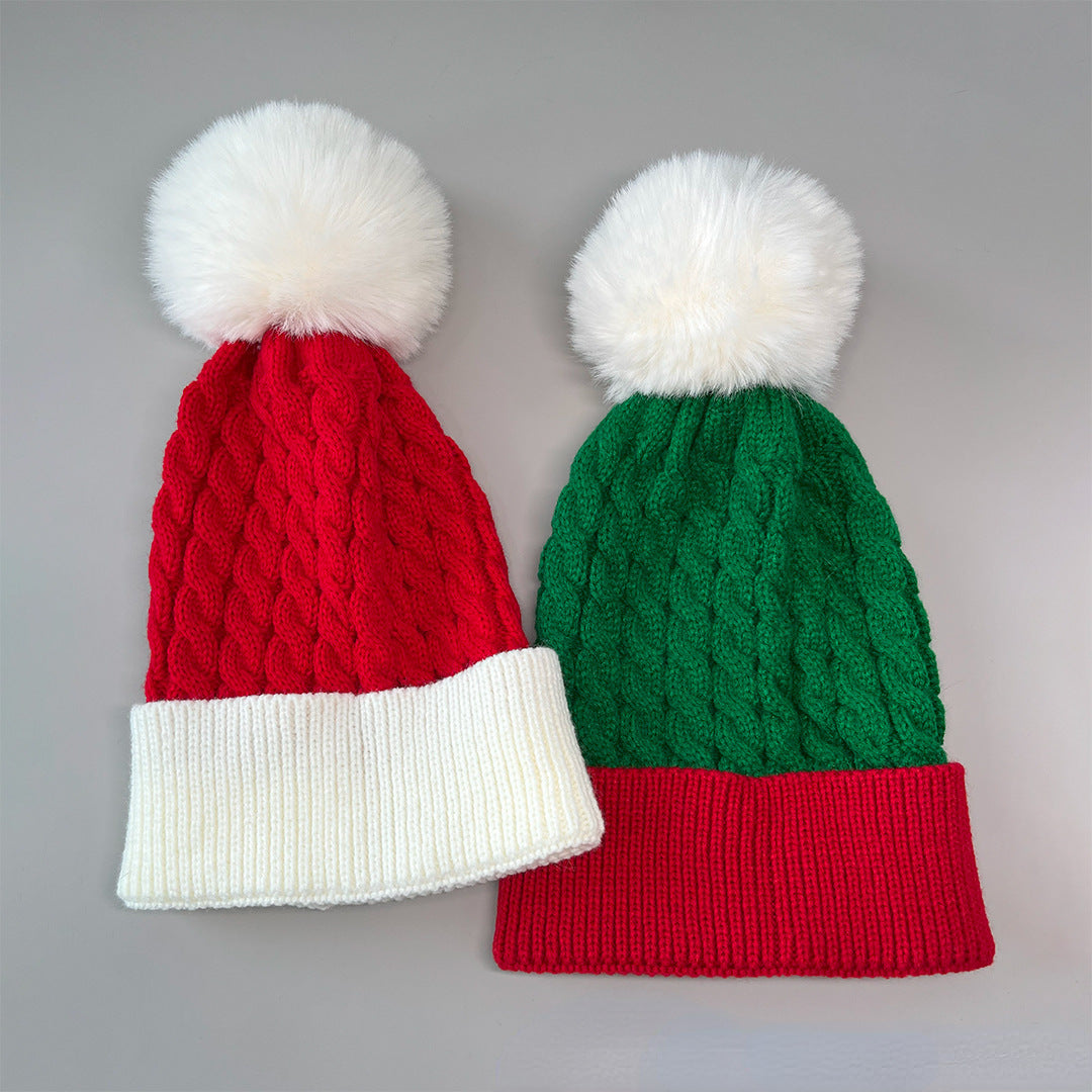 Unisex Christmas Pom Pom Beanie – Red & Green Cable Knit Winter Hat - Christmas Red full product view