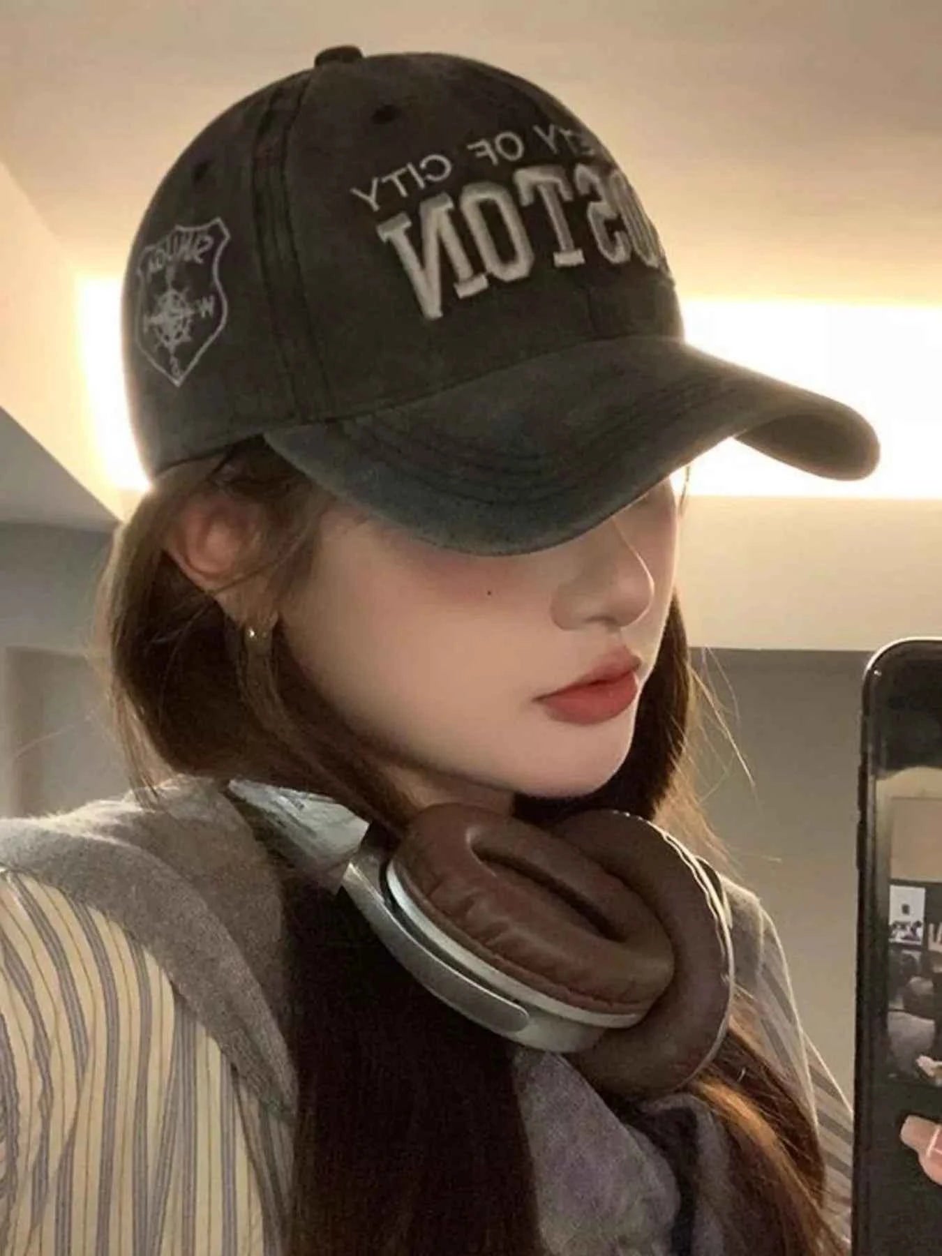 Vintage Washed Dark Gray Embroidered Cotton Baseball Cap