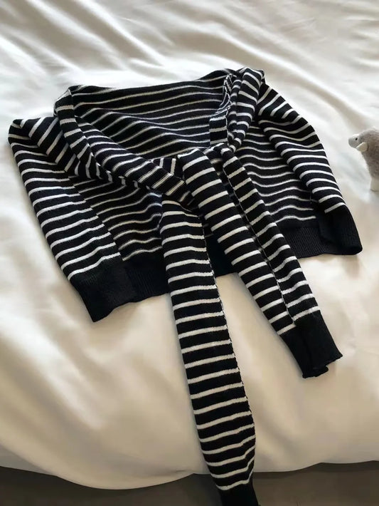 Unisex Striped Contrast Knit Wrap in White - styled detail 2