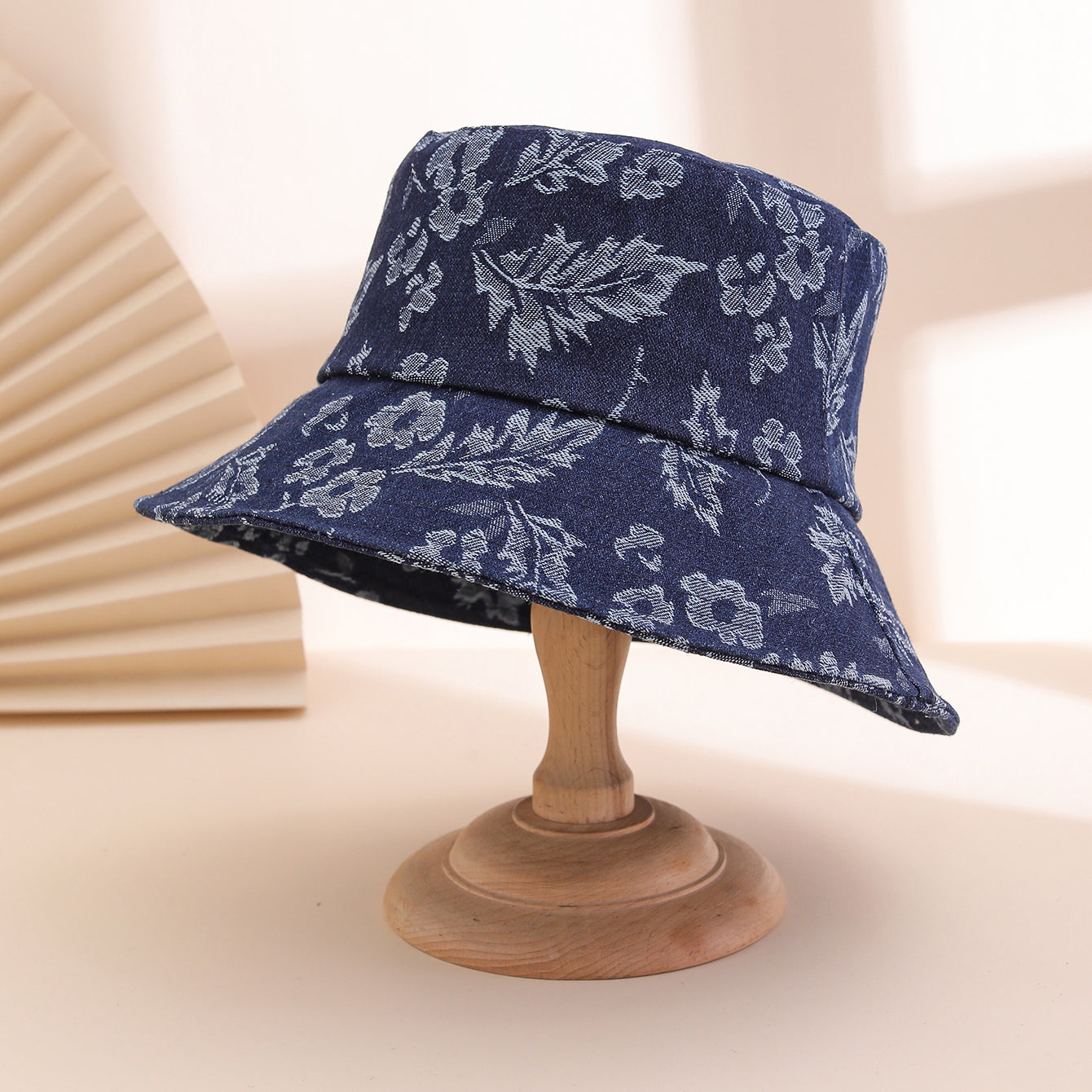 Floral wide brim hat blue pattern close up