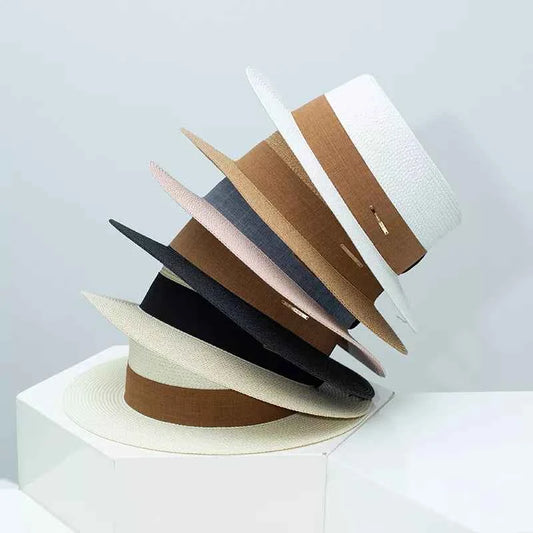 Light-Tone Straw Boater Hat with Ribbon