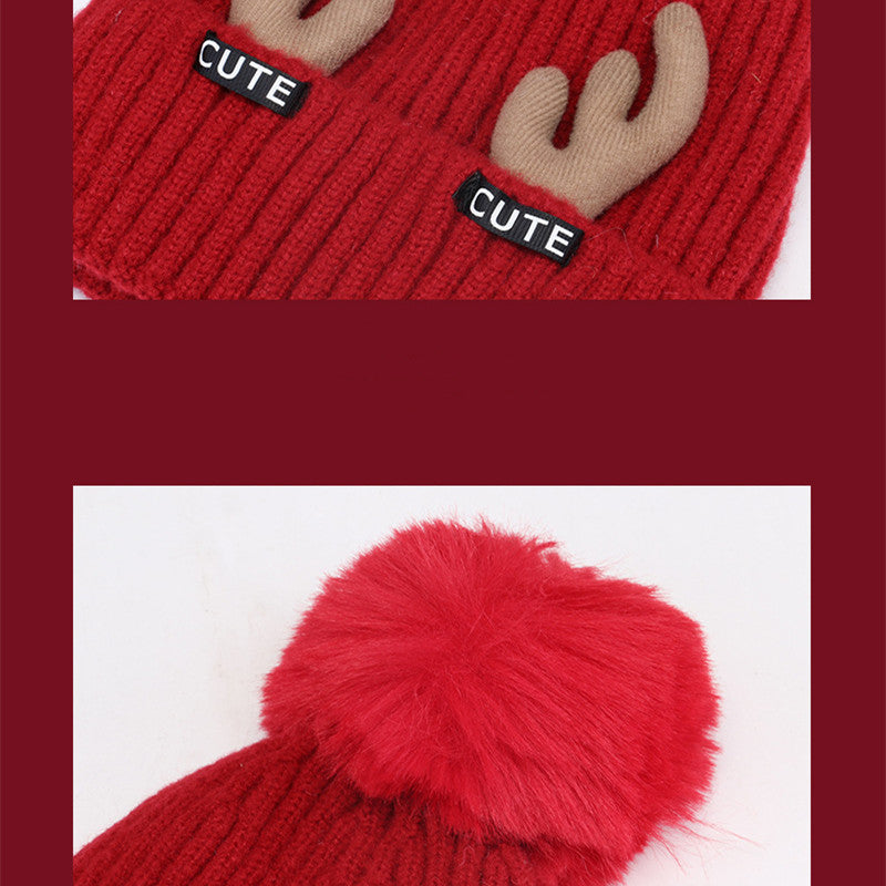 Women's Christmas Antler Knit Beanie - Pink texture close-up