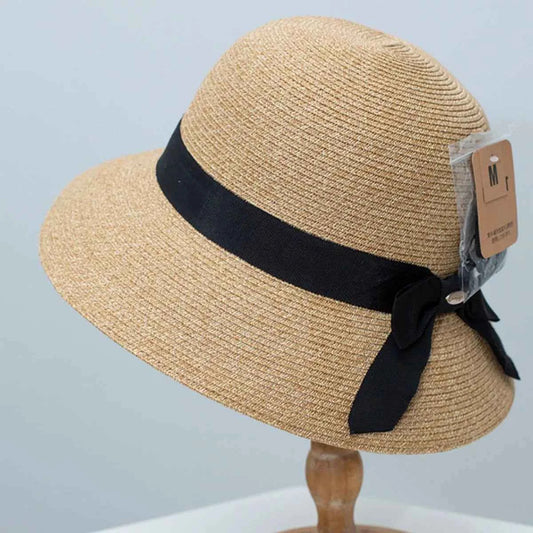 Earth-Tone Straw Sun Hat with Ribbon Accent