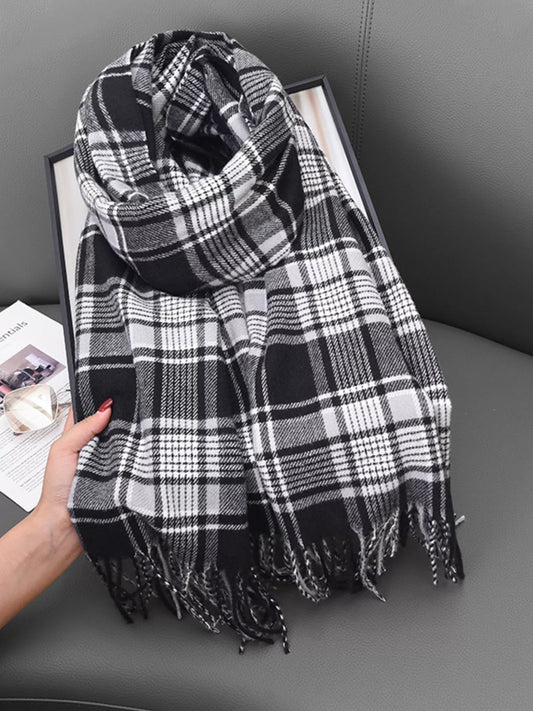 Unisex Plaid Tassel Hem Winter Scarf in Orange Red - styled detail 2