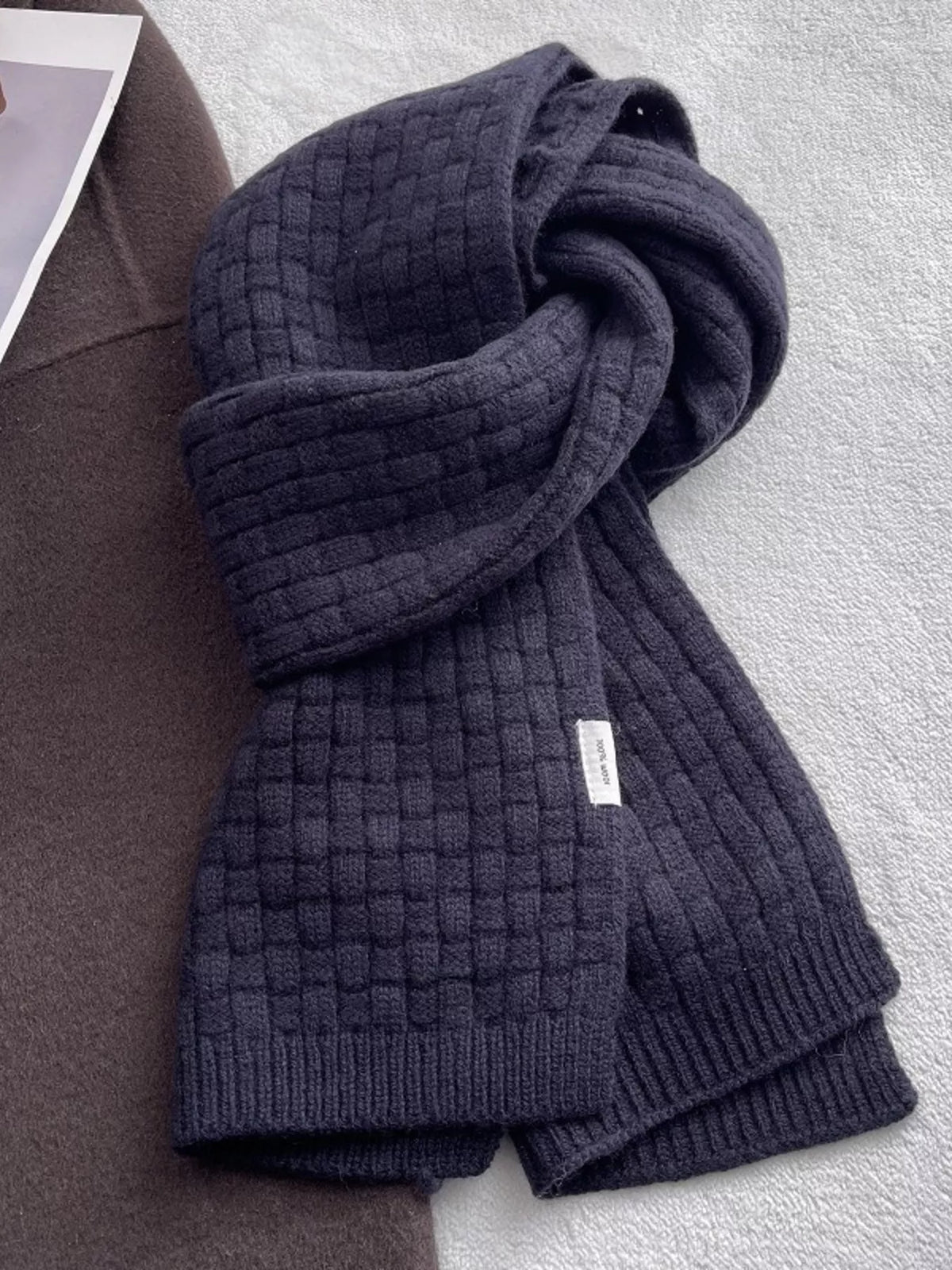 Unisex Wool Woven Pattern Knitted Scarf — black woven-look knit scarf loosely looped