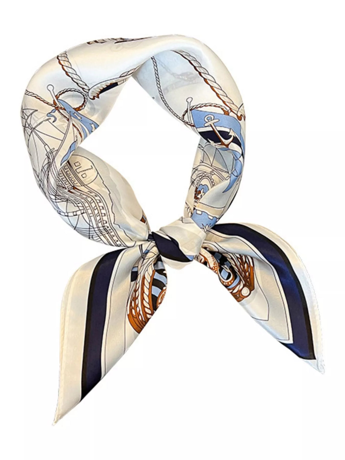 Unisex Nautical Print Silk Square Scarf — isolated knotted square scarf on a white background
