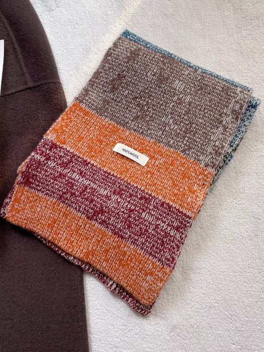 Unisex 100% Wool Color Block Knitted Scarf — folded color block scarf showing knit texture