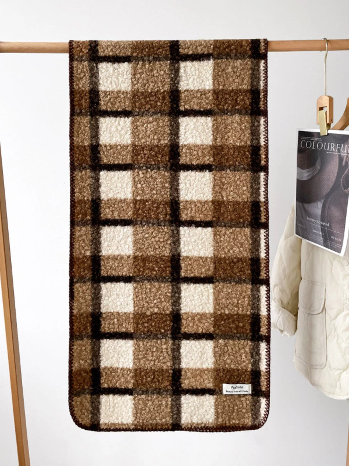 Unisex Textured Plaid Knit Scarf — terracotta plaid scarf hanging flat at full length
