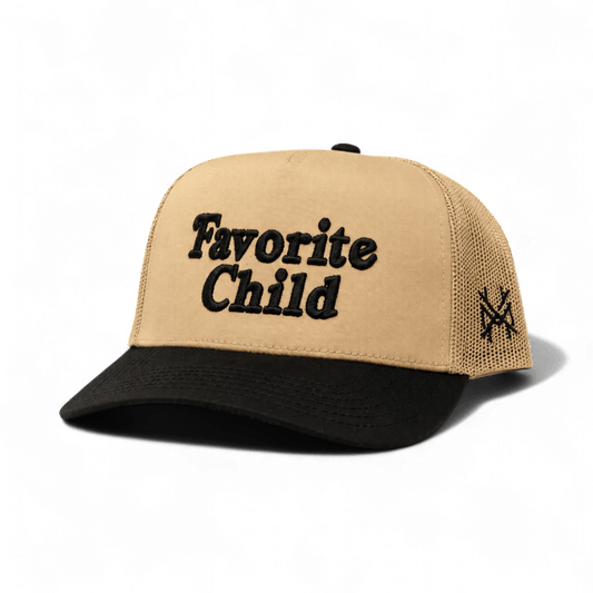 The Mad Hatter Company Favorite Child Snapback Hat, tan crown with a dark brim and white mesh