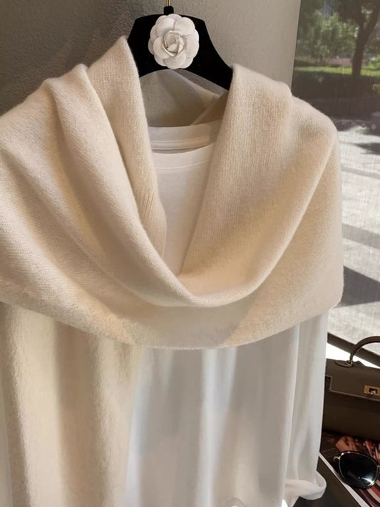 Women's Wool Knitted Asymmetrical Shawl — pale wool shawl draped with an open neckline