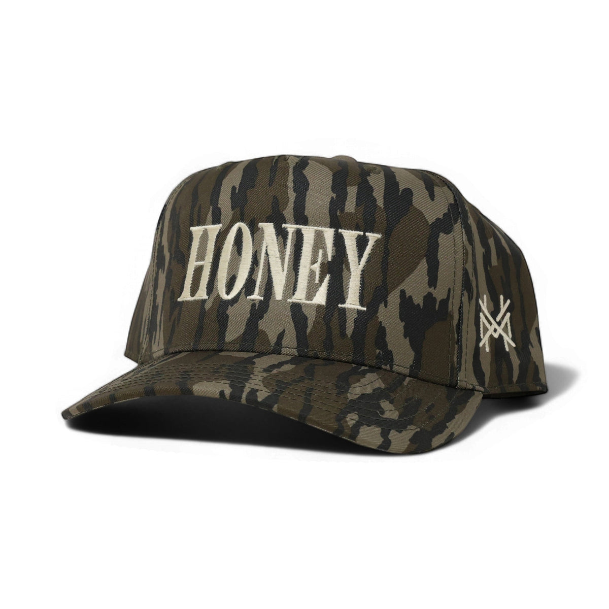 The Mad Hatter Company Honey Snapback, bottomland camouflage cap with Honey embroidery
