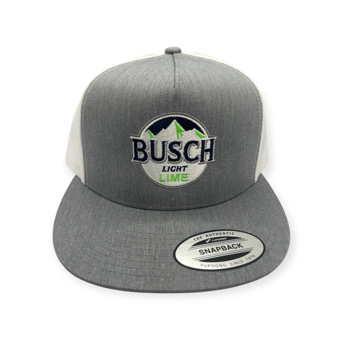Angled view of Busch Lime Blime embroidered cap by Horizon Hat Co. in heather gray/white showing the bill and side panels
