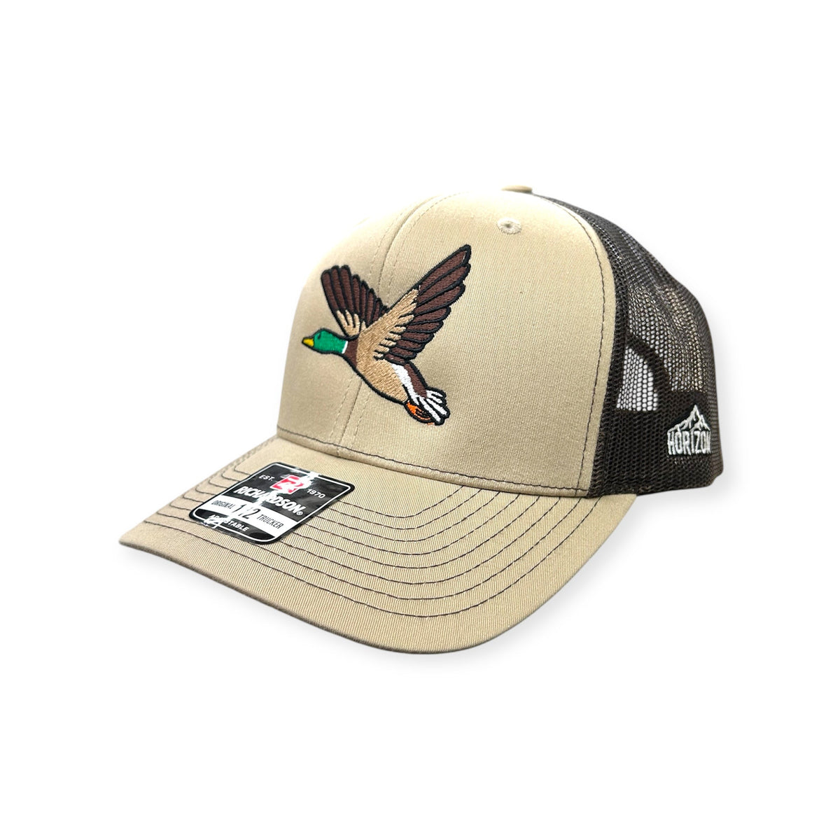 Angled view of Flying Duck embroidered cap by Horizon Hat Co. in khaki/coffee showing the curved bill and side panels