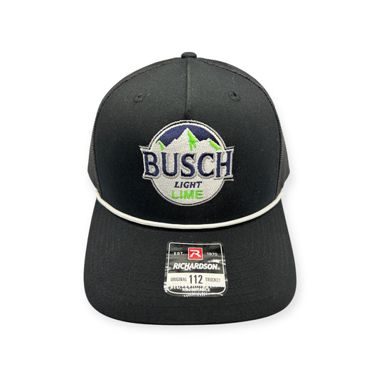 Angled view of Busch Lime Blime embroidered cap by Horizon Hat Co. in black showing the bill and side panels