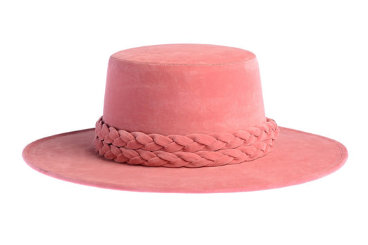ASN Hats La Vie En Rose pink boater hat, side profile showing the hatband