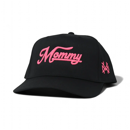 The Mad Hatter Company Mommy Snapback Hat, black cap with pink Mommy embroidery