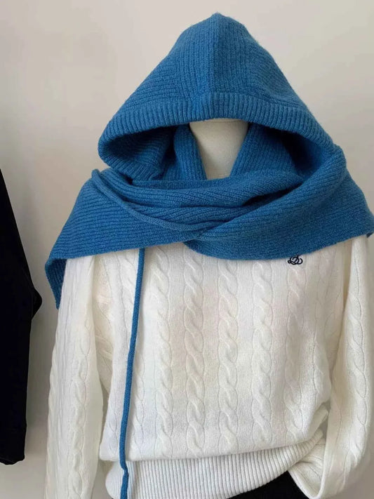 Knitted solid color wool scarf hat styled for the winter balaclava trend