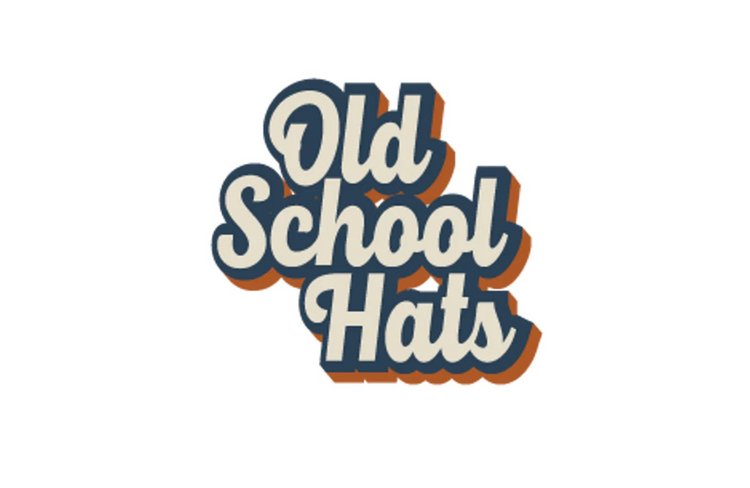 Old School Hats blue, cream, and orange stacked script logo