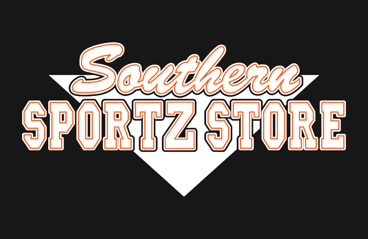 Southern Sportz Store white and orange script and block lettering on a dark background