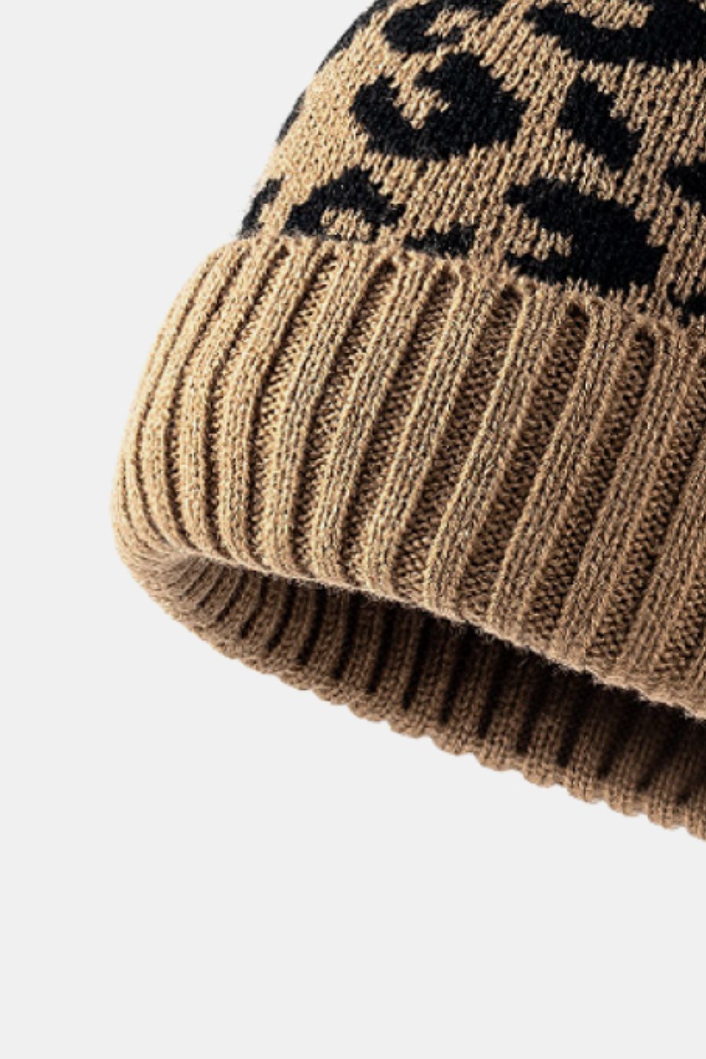 Women's Beige Leopard Pom-Pom Cuffed Beanie full product view photo 08
