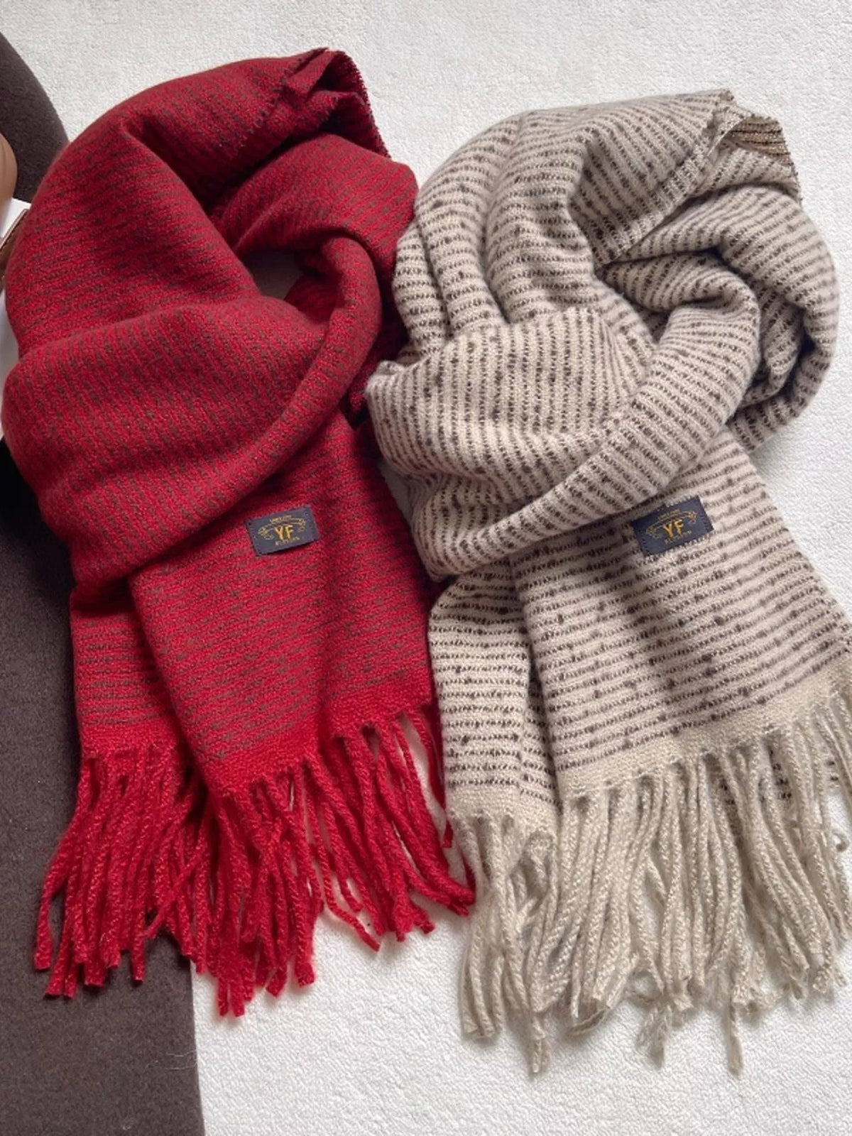 Unisex Warm Striped Tassel Scarf — red and pale striped scarves shown together
